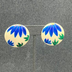 Handpainted Ceramic Pierced Earrings Cream White Blue Green Purple Yellow Retro